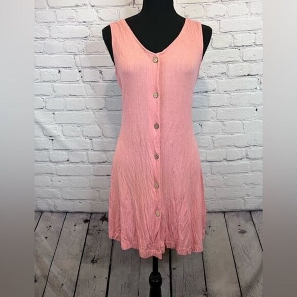 Roxy Pink Peach Dream Do Ribbed Wood Button Front Mini Dress V‎ Neck small